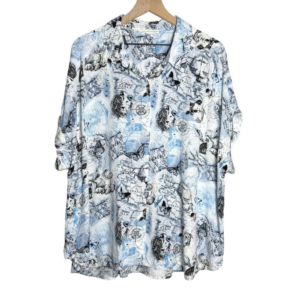 Jane + Delancey Womens Button Up Shirt 2X Blue Stripe Nautical Coastal‎ Flowy